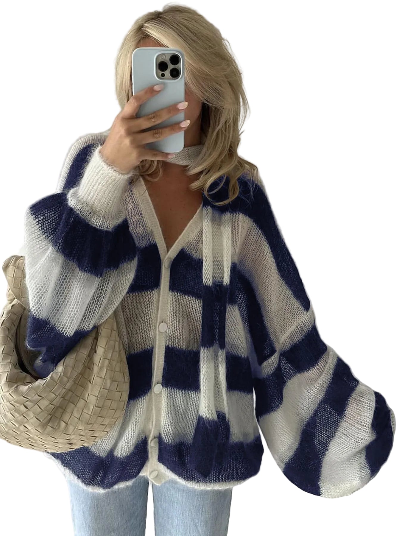 Dame Cardigan med Striber og Tørklæde 0