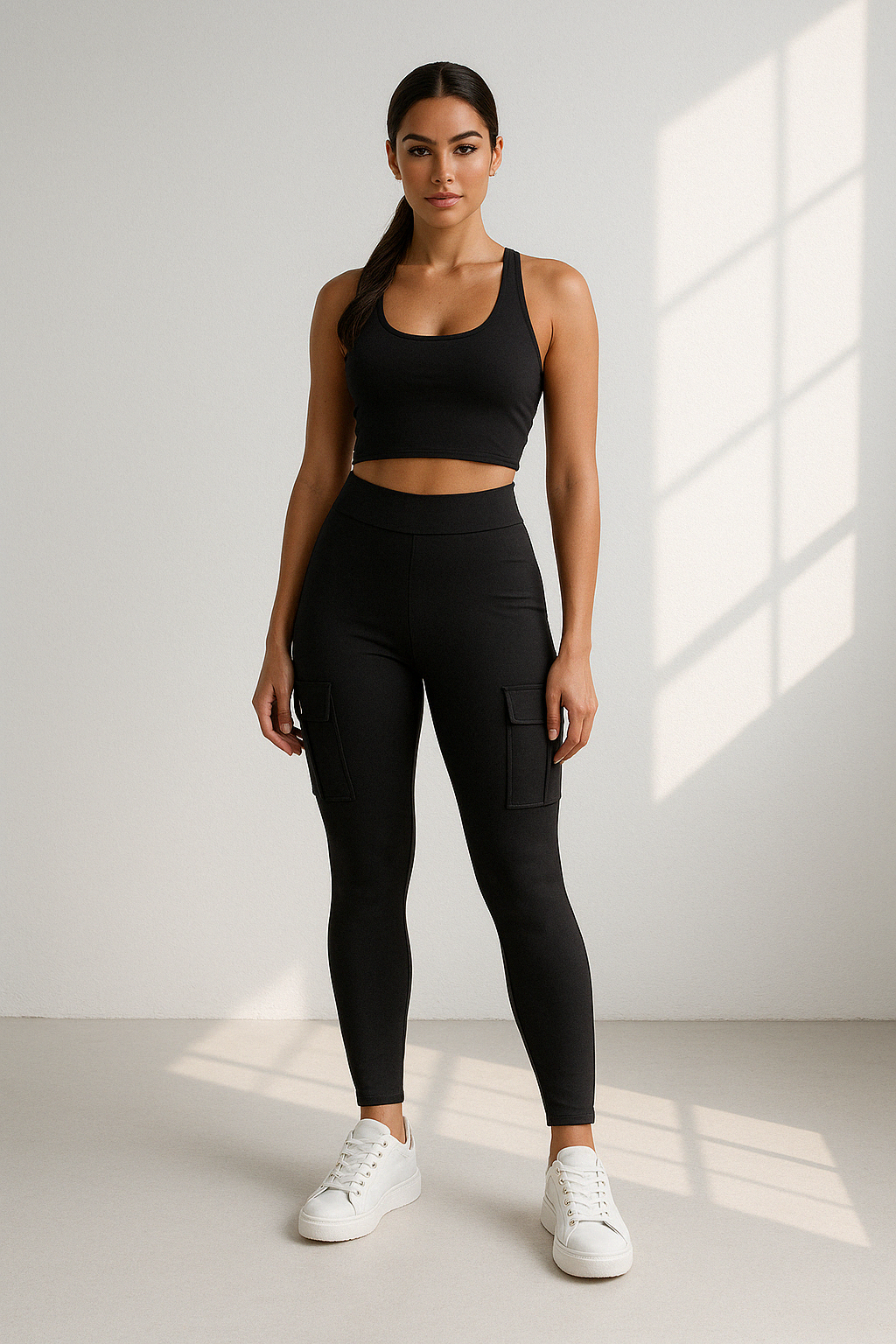 Dame Cargo Bukser Høj Talje Slim Fit Strækbart Stof med Sidelommer 0