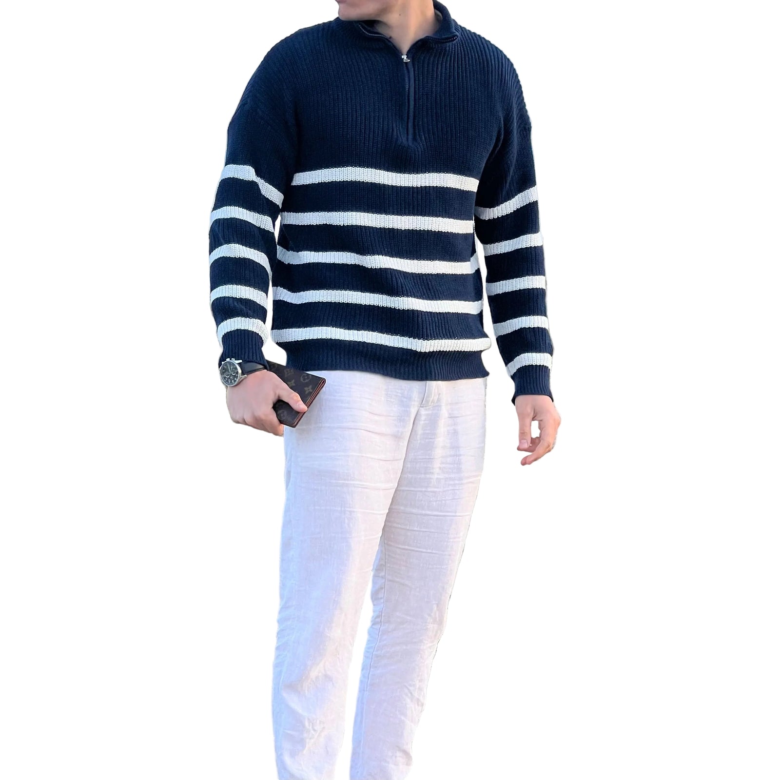 Herre Pullover Sweater Stribet Halv Lynlås Bomuldsblanding 1