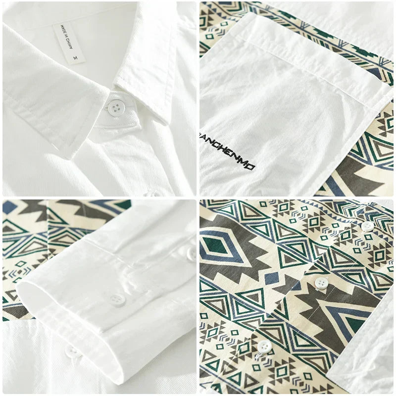 Herre Casual Patchwork Skjorte i Bomuld