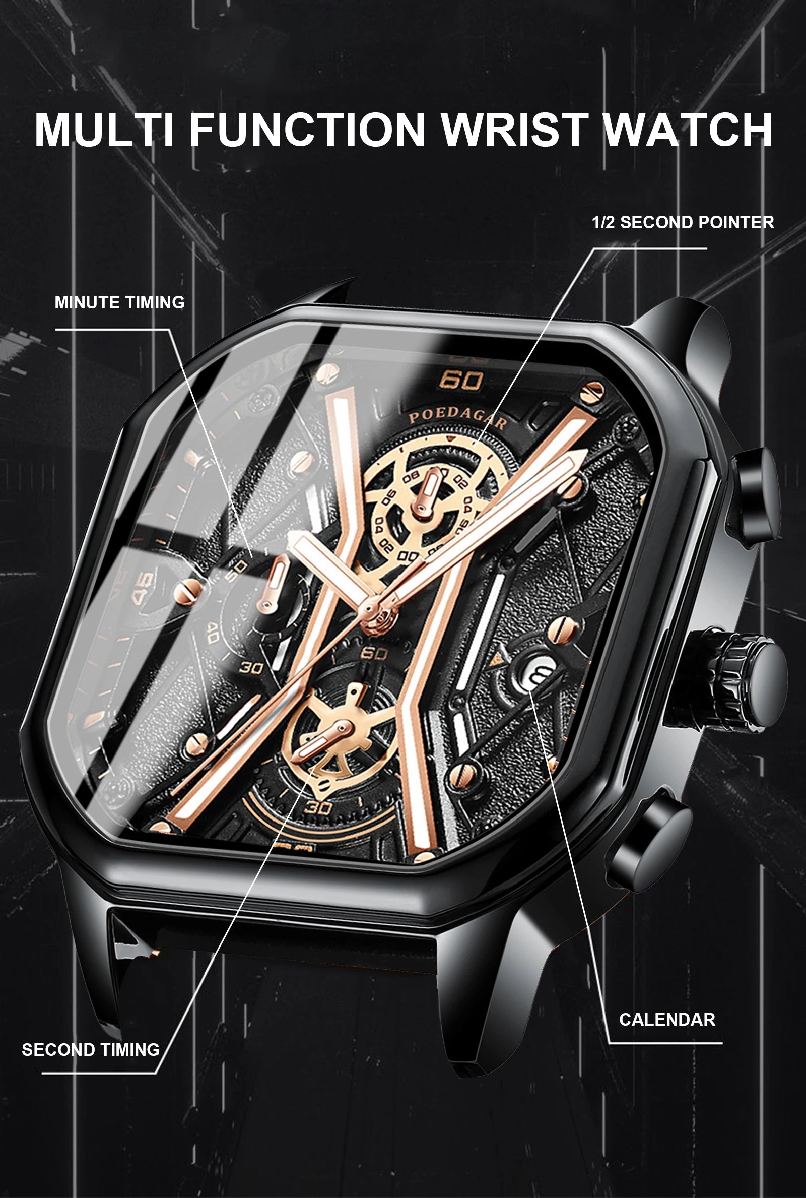 Herre Chronograph Ur med Skelet Design 3