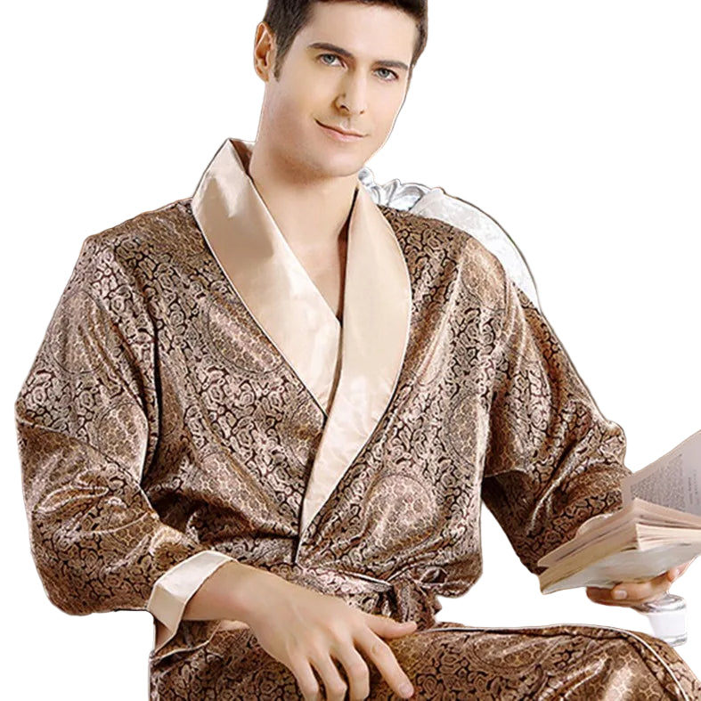 Herre Satin Badjas Med Guldprint Rummelig Komfort 0