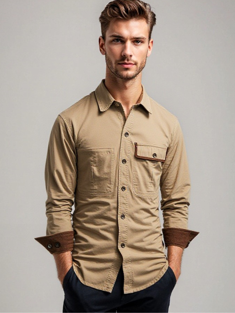 Herre Skjorte Button-Up Lange Ærmer 100% Bomuld med Kontrasterende Mansjetter 1