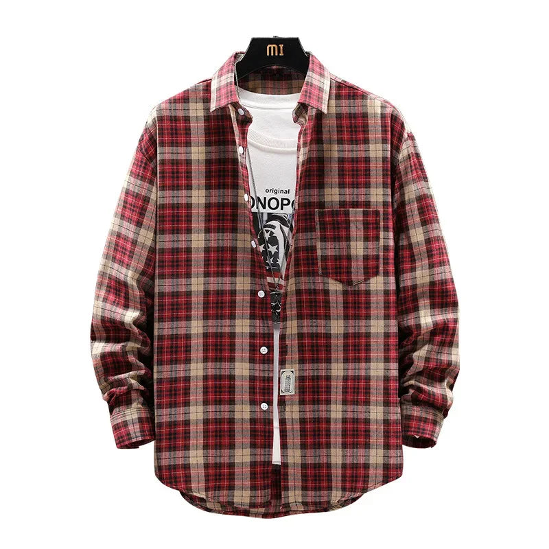 Herre Skjorte Løs Plaid Langærmet Britisk Stil 4