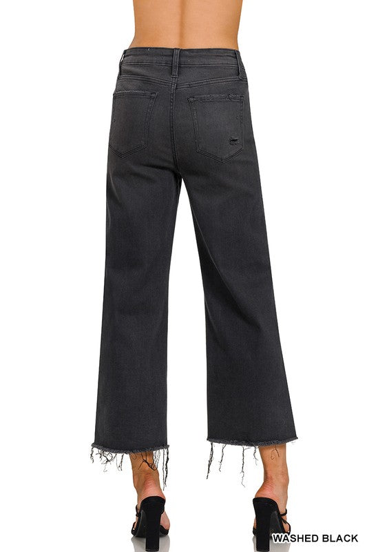 Kvinders Cropped Jeans Høj Talje Vasket Sort 2