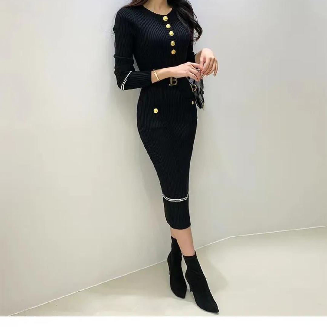 Halvknappet strikkjole til kvinder