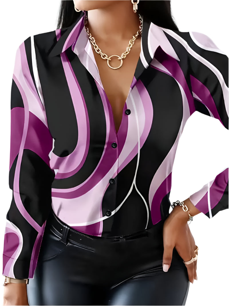 Dame Skjorte Langærmet Geometrisk Mønster 100% Bomuld-1