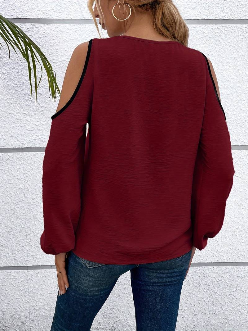 Dame Bluse Farveblok Firkantet Udsnit 100% Polyester Langærmet-3