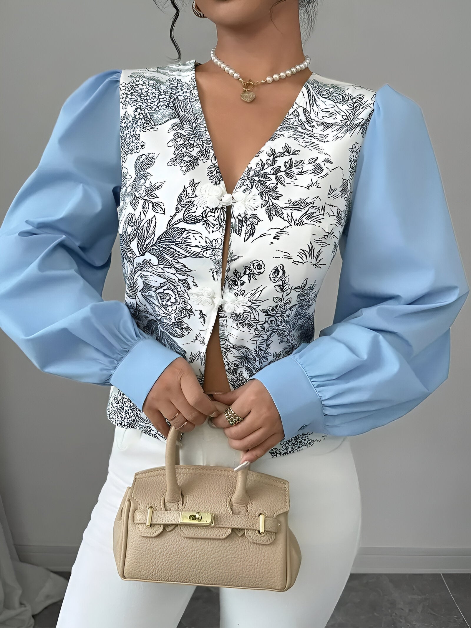 Skjortebluse Dame V-hals Lanterneærmer 100% Polyester Blomsterprint-5
