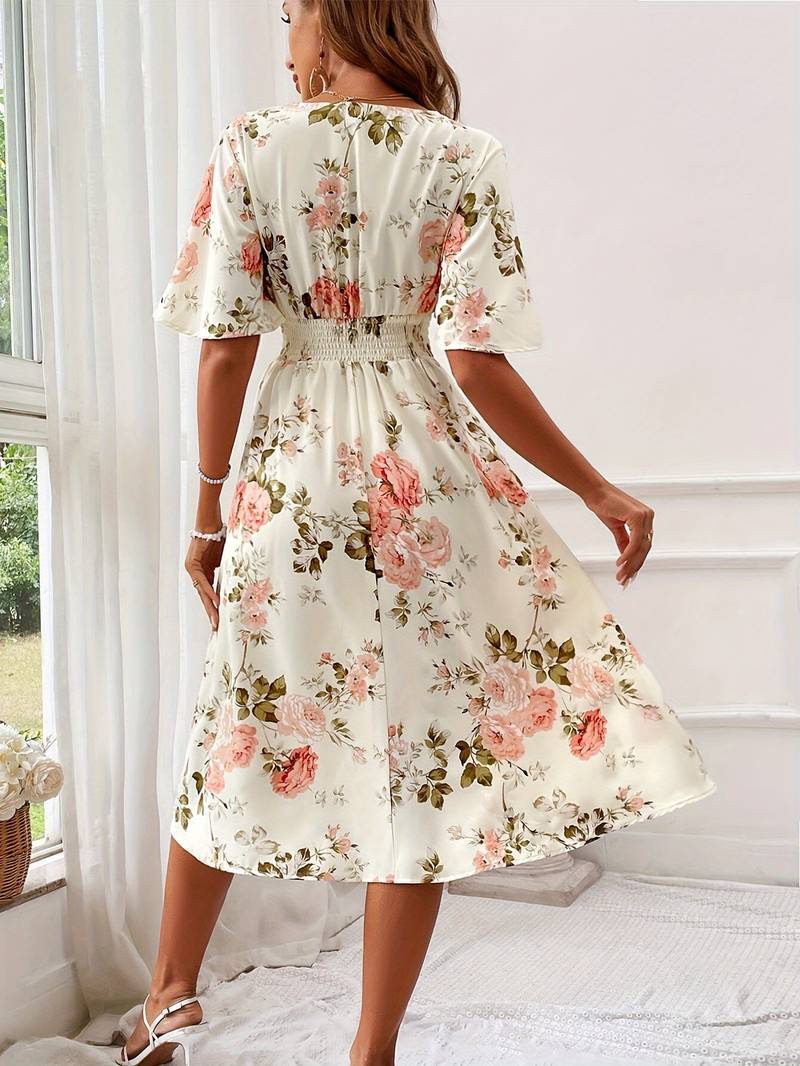 Kvinders A-linje Kjole V-hals Blomsterprint Polyester-2