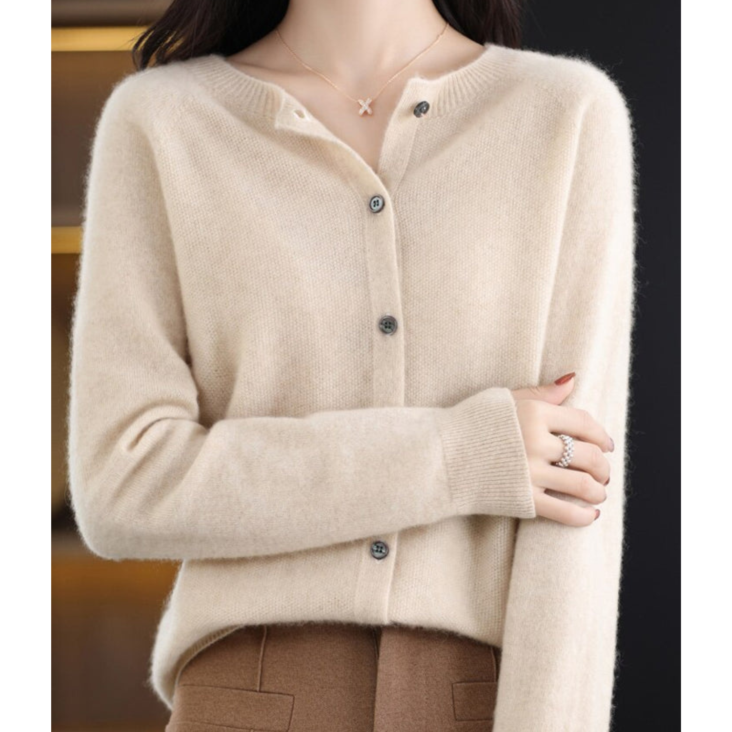 Variant image for Damer Uld Cardigan Hvid Striktrøje O-Hals 100% Ren Uld-85