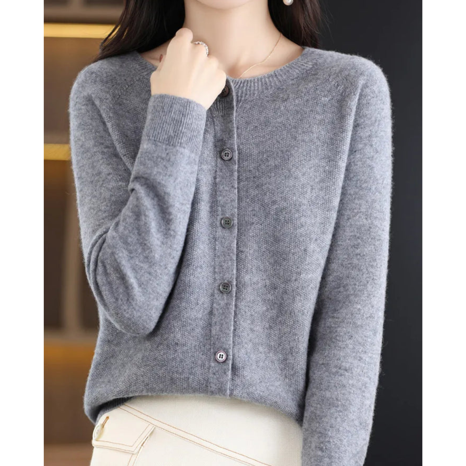 Variant image for Damer Uld Cardigan Hvid Striktrøje O-Hals 100% Ren Uld-37