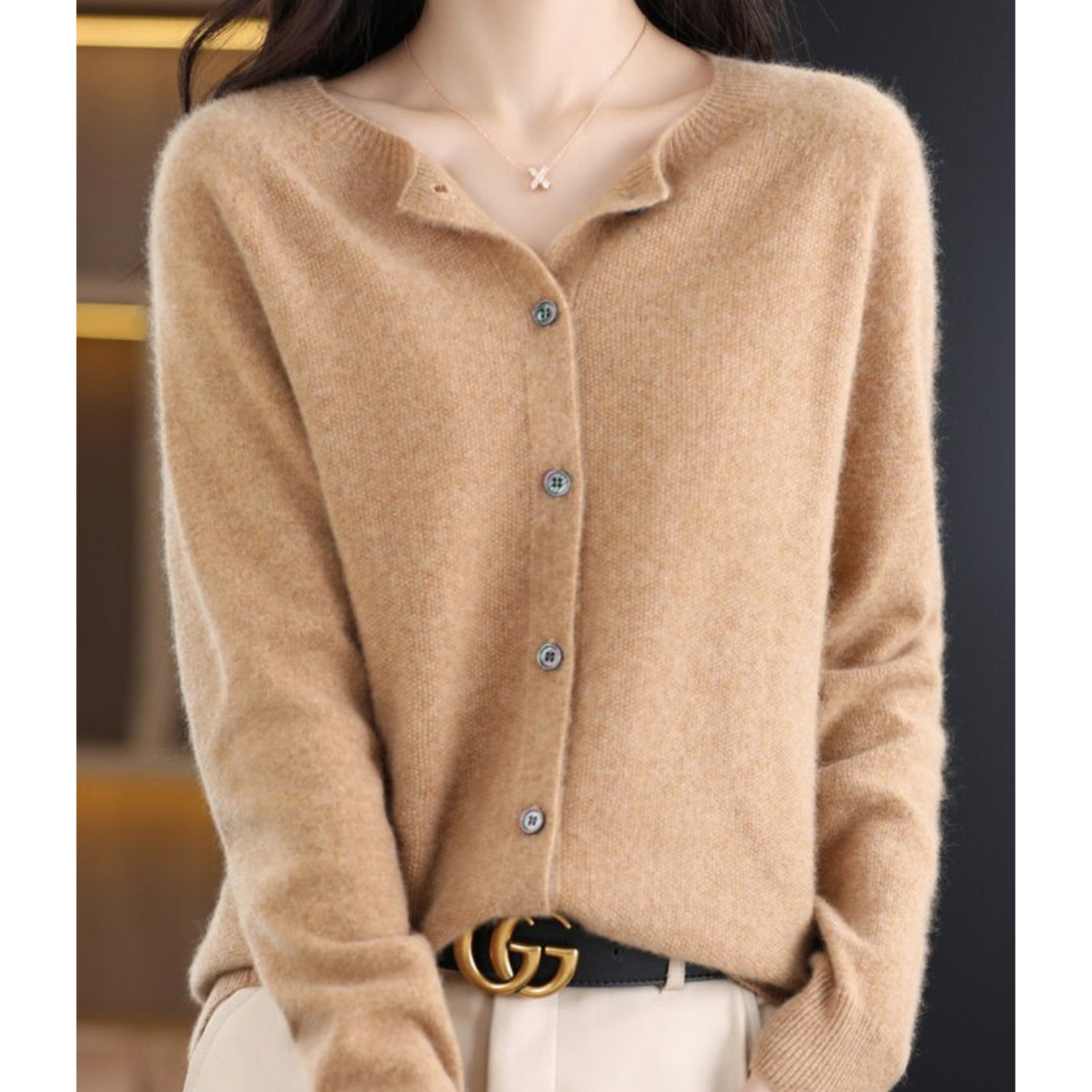 Variant image for Damer Uld Cardigan Hvid Striktrøje O-Hals 100% Ren Uld-61