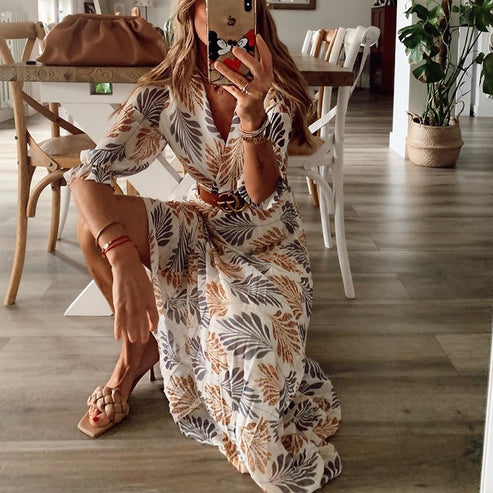 Kvinders Maxi Kjole Elegant Polyester Maxikjole med Lange Ærmer-2