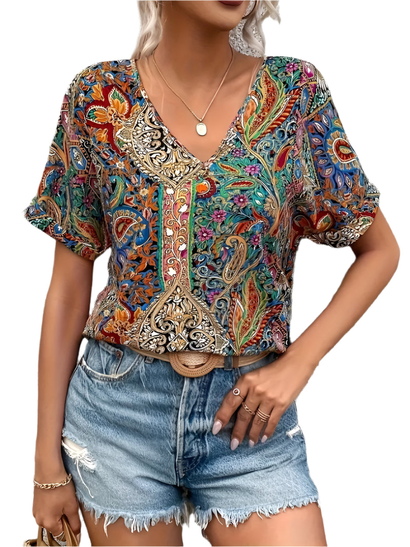 Skjortebluse Dame V-Hals Paisley Print Let Vævet Stof-1