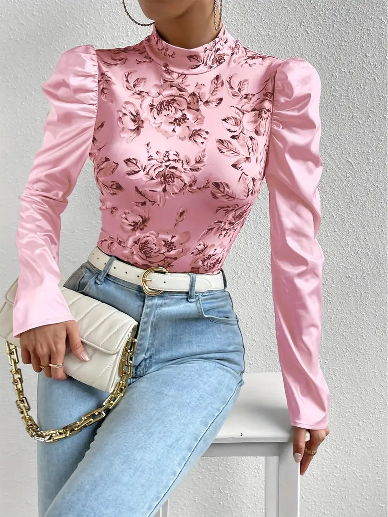 Kvinders Satin Top Blomsterprint Elegant Komfortabel-4