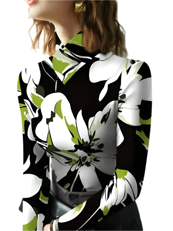 Kvinders Turtleneck T-shirt Blomstret Blødt Stof Lange Ærmer-1