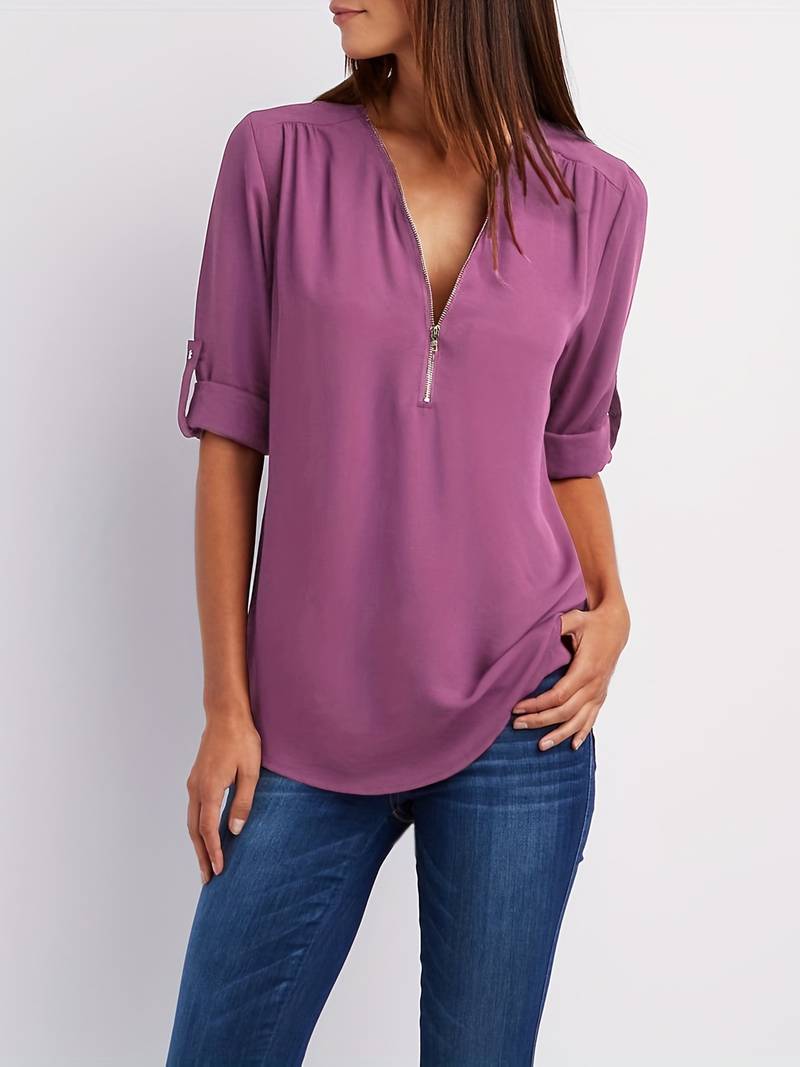 Variant image for Kvinders Casual Bluse Halv Rits 100% Bomuld Rulleopærmer-49