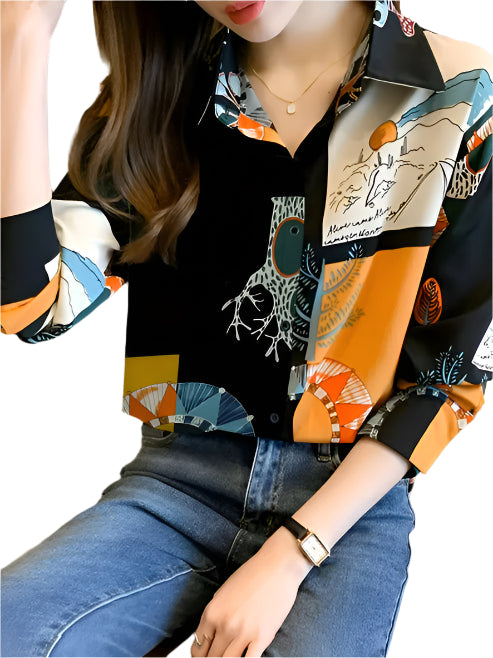 Kvinders Vintage Bluse Unikt Print 100% Bomuld-1