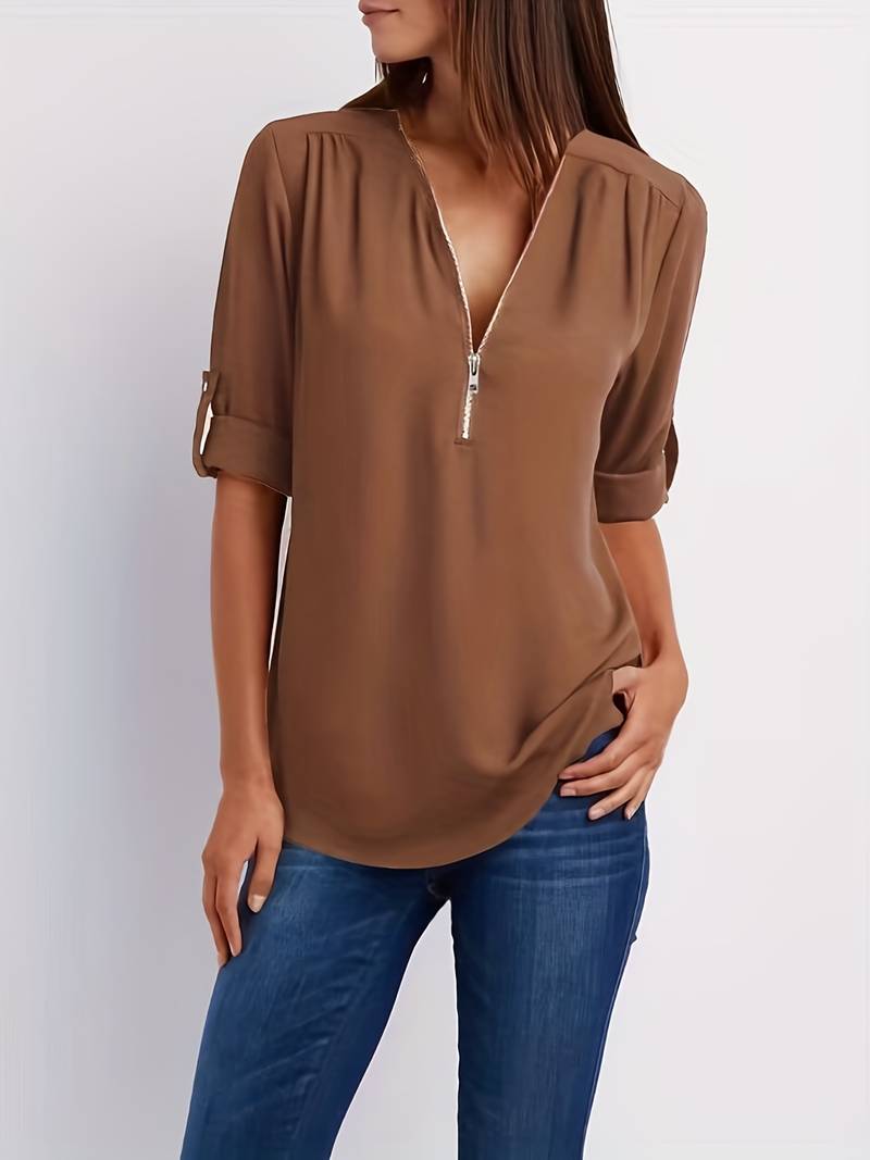 Variant image for Kvinders Casual Bluse Halv Rits 100% Bomuld Rulleopærmer-33