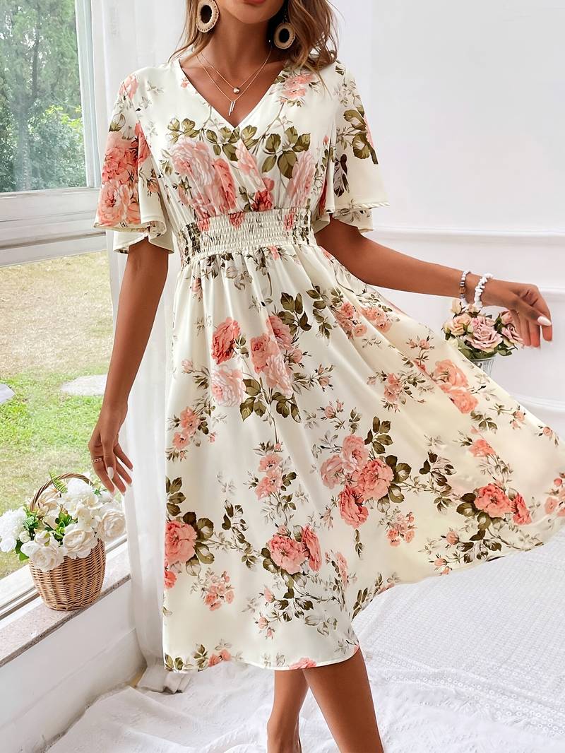Kvinders A-linje Kjole V-hals Blomsterprint Polyester-3