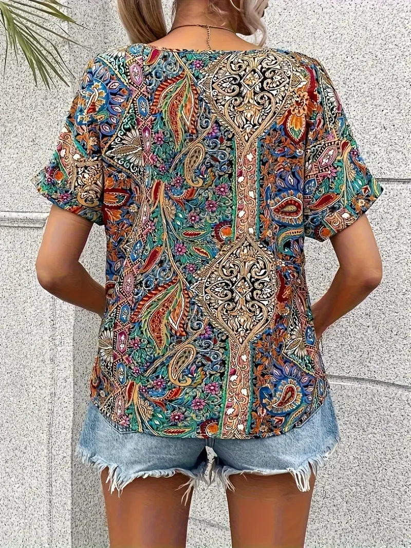 Skjortebluse Dame V-Hals Paisley Print Let Vævet Stof-4
