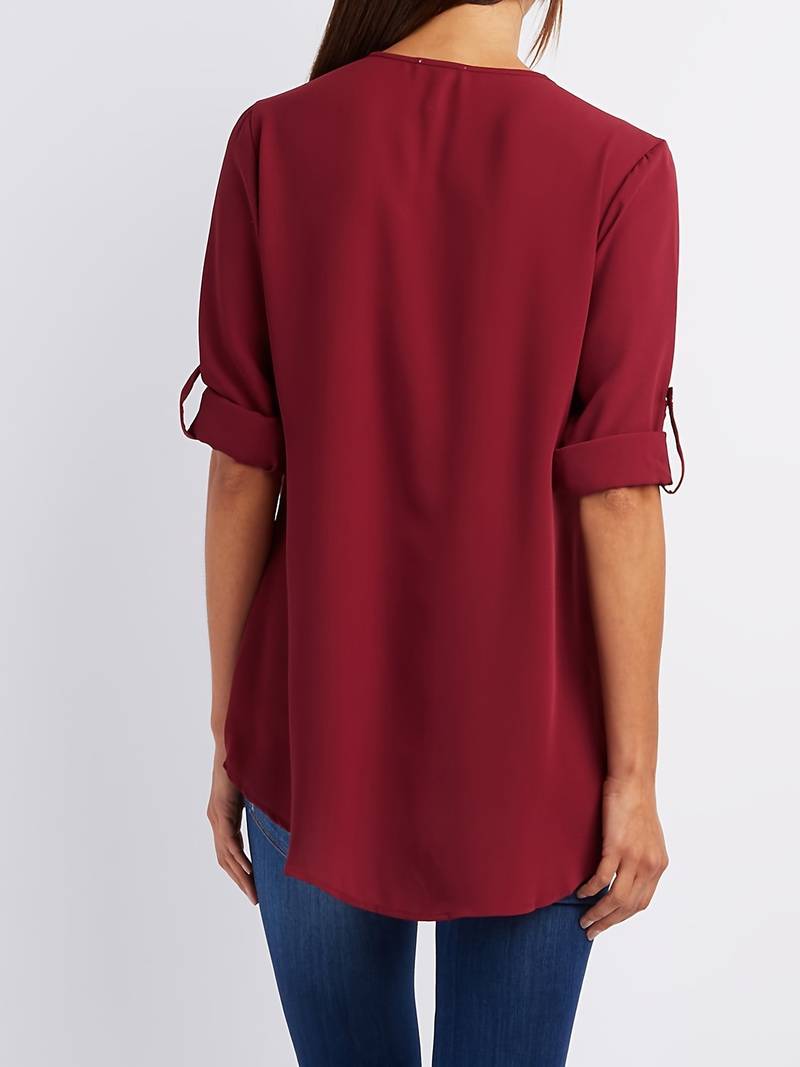 Kvinders Casual Bluse Halv Rits 100% Bomuld Rulleopærmer-2
