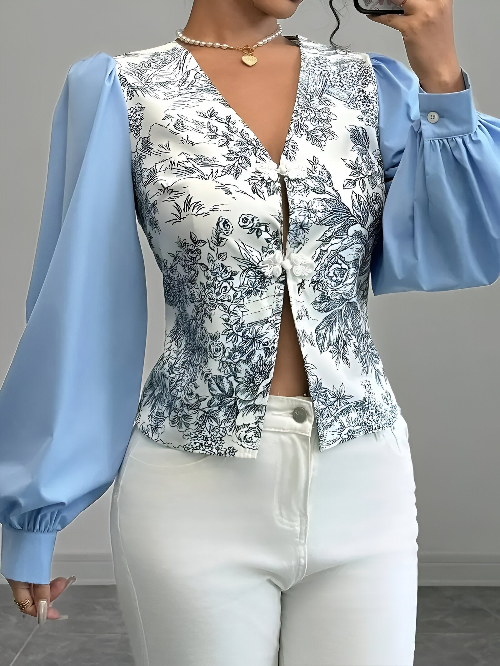 Skjortebluse Dame V-hals Lanterneærmer 100% Polyester Blomsterprint-2