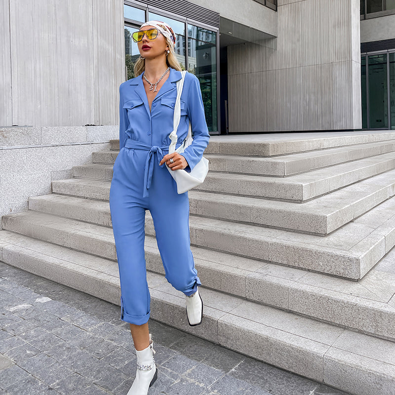 Kvinders Jumpsuit Elegant Polyester Langærmet Knapdesign-3