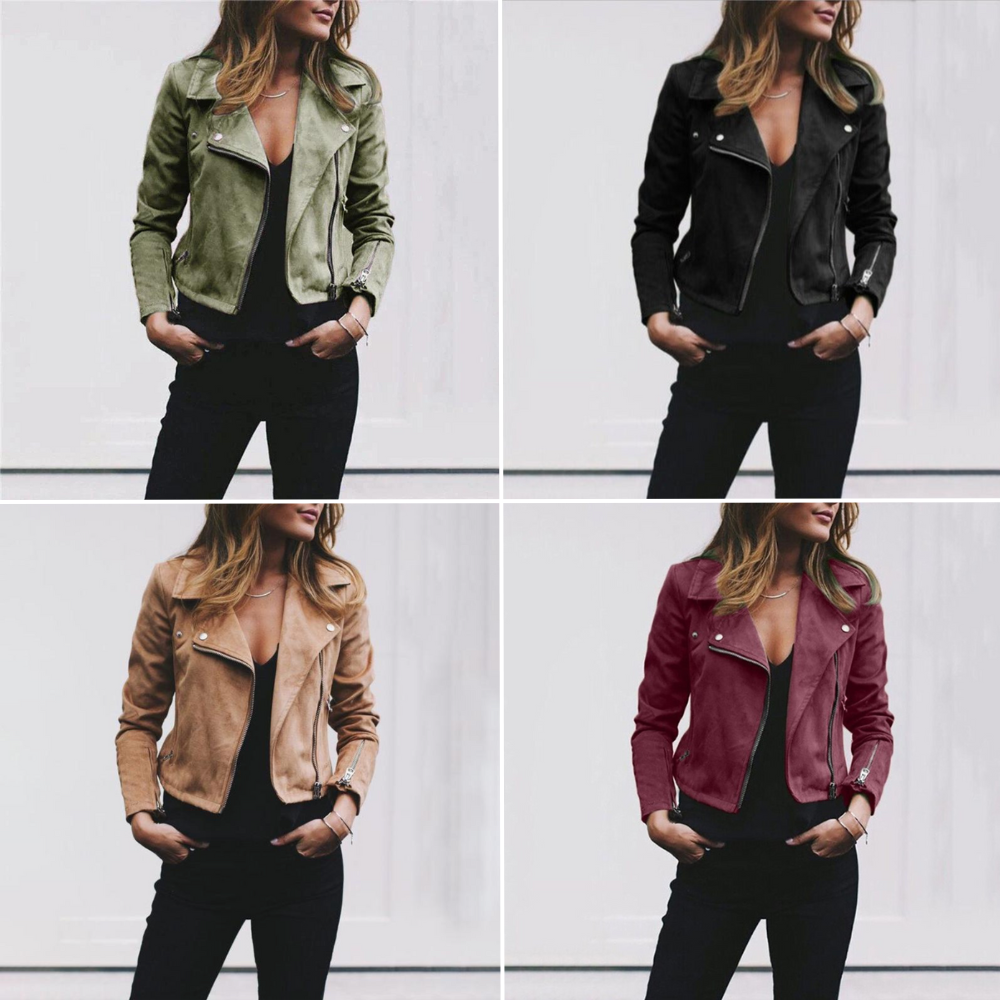 Dame Bikerjakke Suede Asymmetrisk Lynlås 6