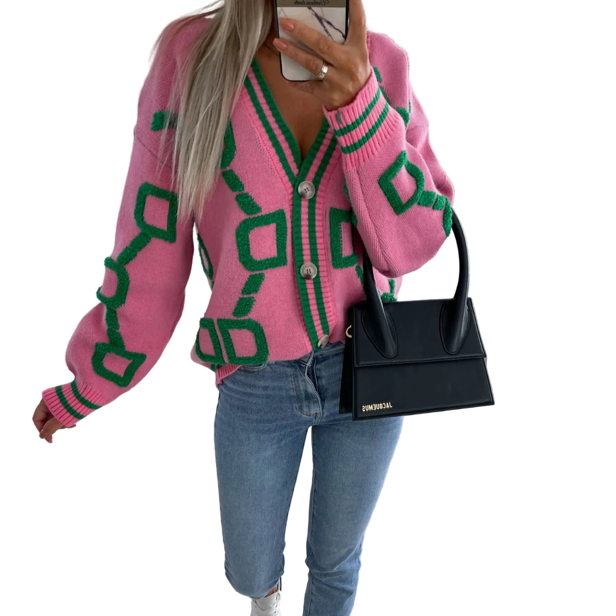 Dame Cardigan V-Hals Med Kontrastfarver 2