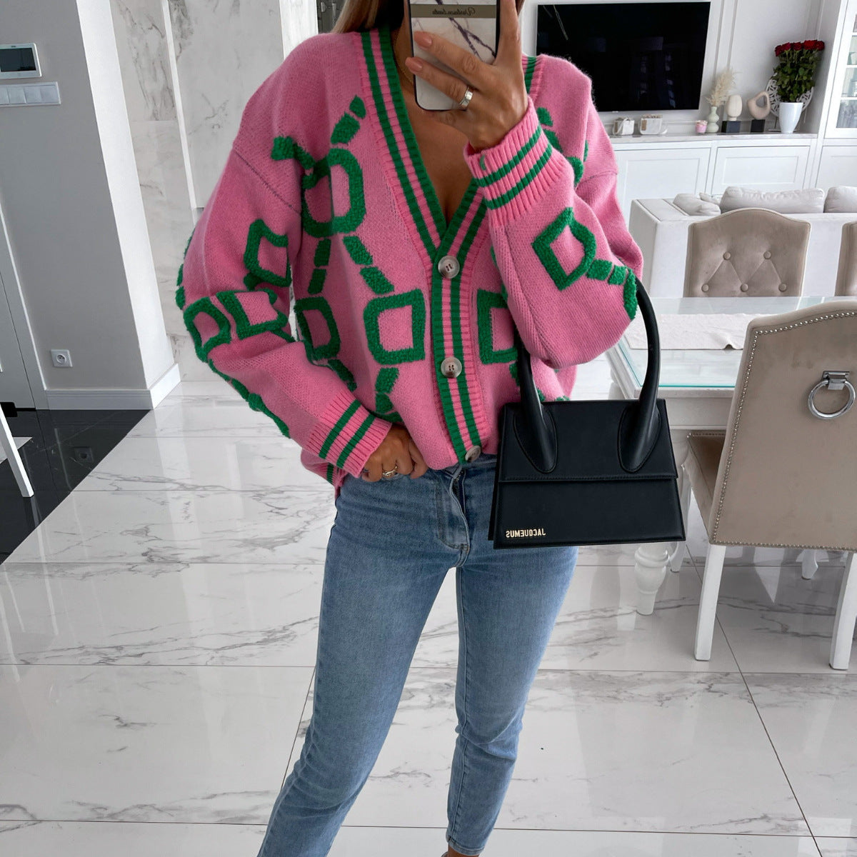 Dame Cardigan V-Hals Med Kontrastfarver 3