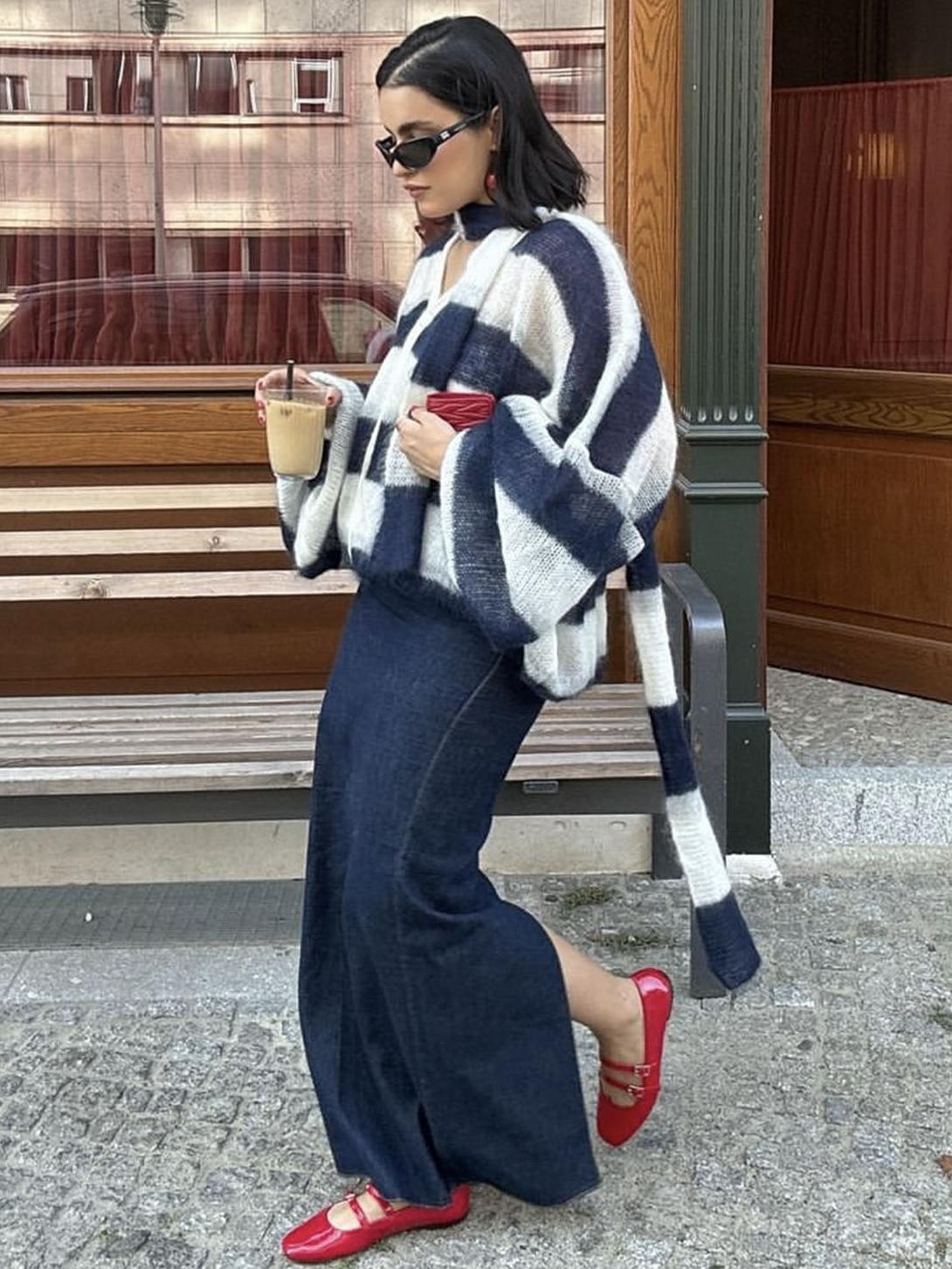 Dame Cardigan med Striber og Tørklæde 3