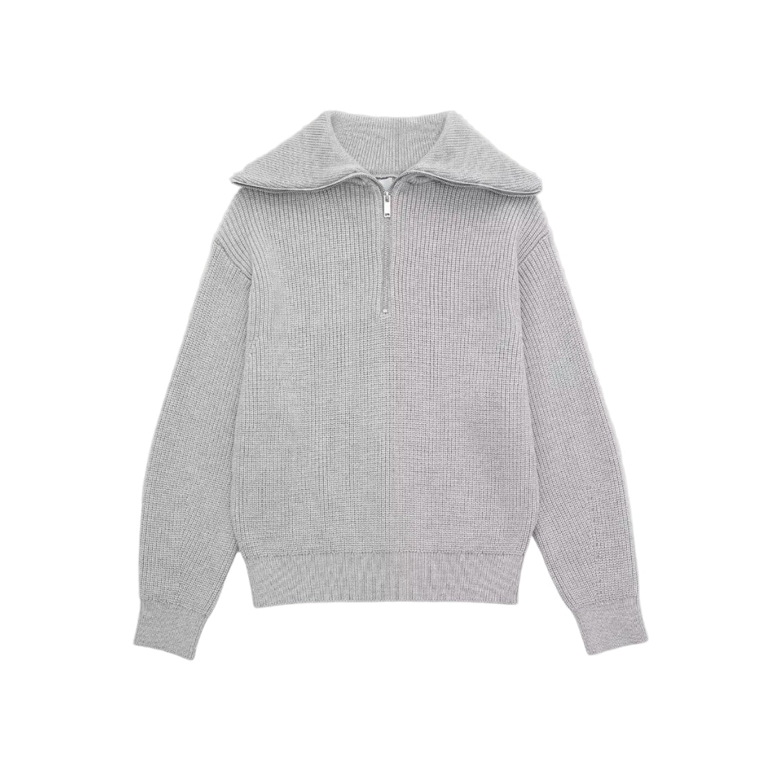 Dame Halv-Zipper Sweater Ribbet Stil 0