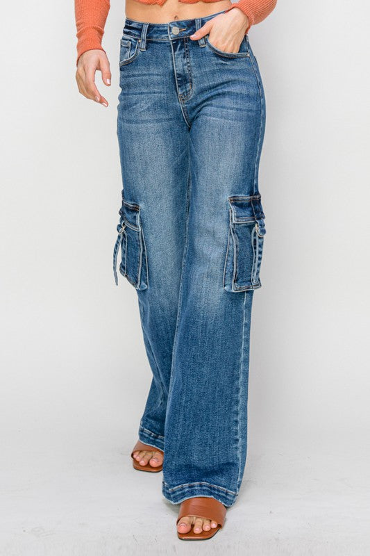 Dame Jeans Høj Talje Cargo Lommer Bred Denim 1