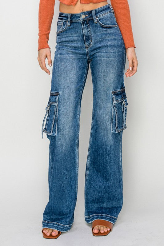 Dame Jeans Høj Talje Cargo Lommer Bred Denim 2
