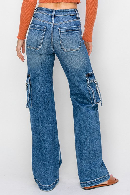 Dame Jeans Høj Talje Cargo Lommer Bred Denim 4