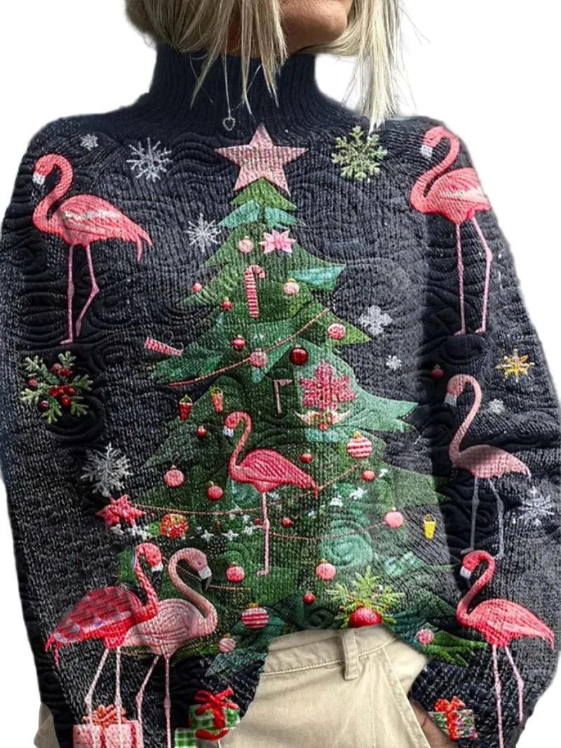 Dame Juletrøje Med Flamingoer Høj Krave 0