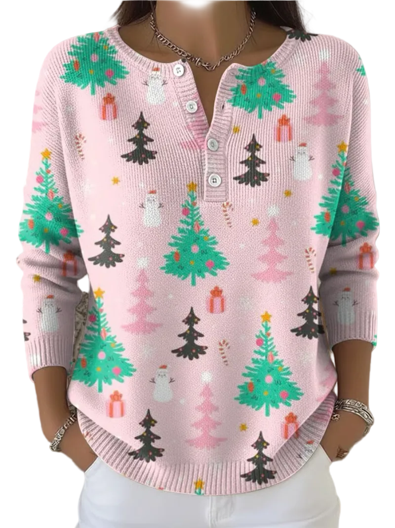 Dame Sweater med Juletræsprint og Knaplukning 0