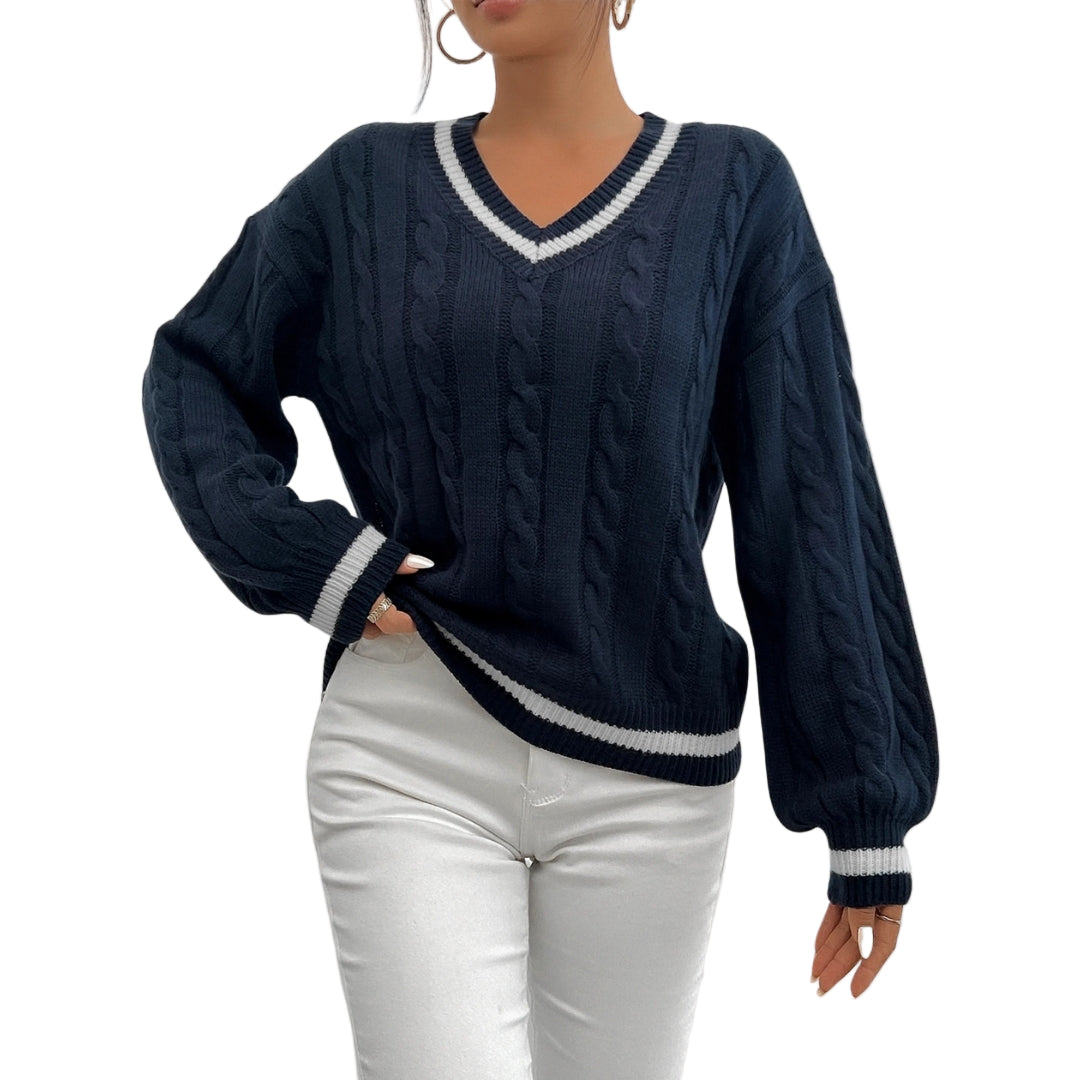 Dame V-hals Strikket Sweater med Kabelstrik 0