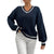 Dame V-hals Strikket Sweater med Kabelstrik 0