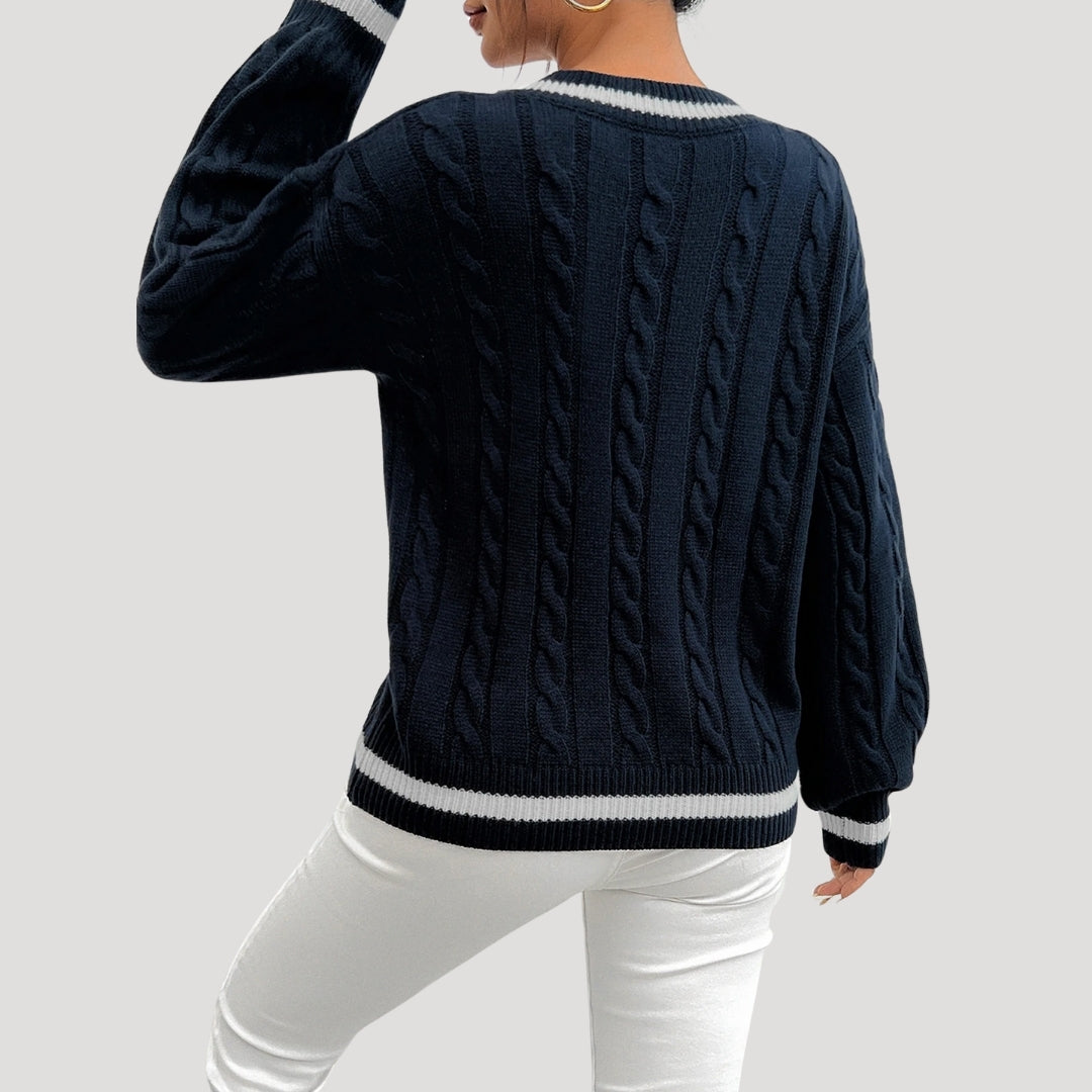 Dame V-hals Strikket Sweater med Kabelstrik 2