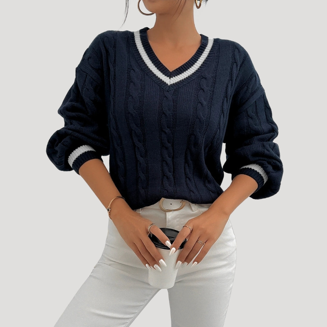 Dame V-hals Strikket Sweater med Kabelstrik 3