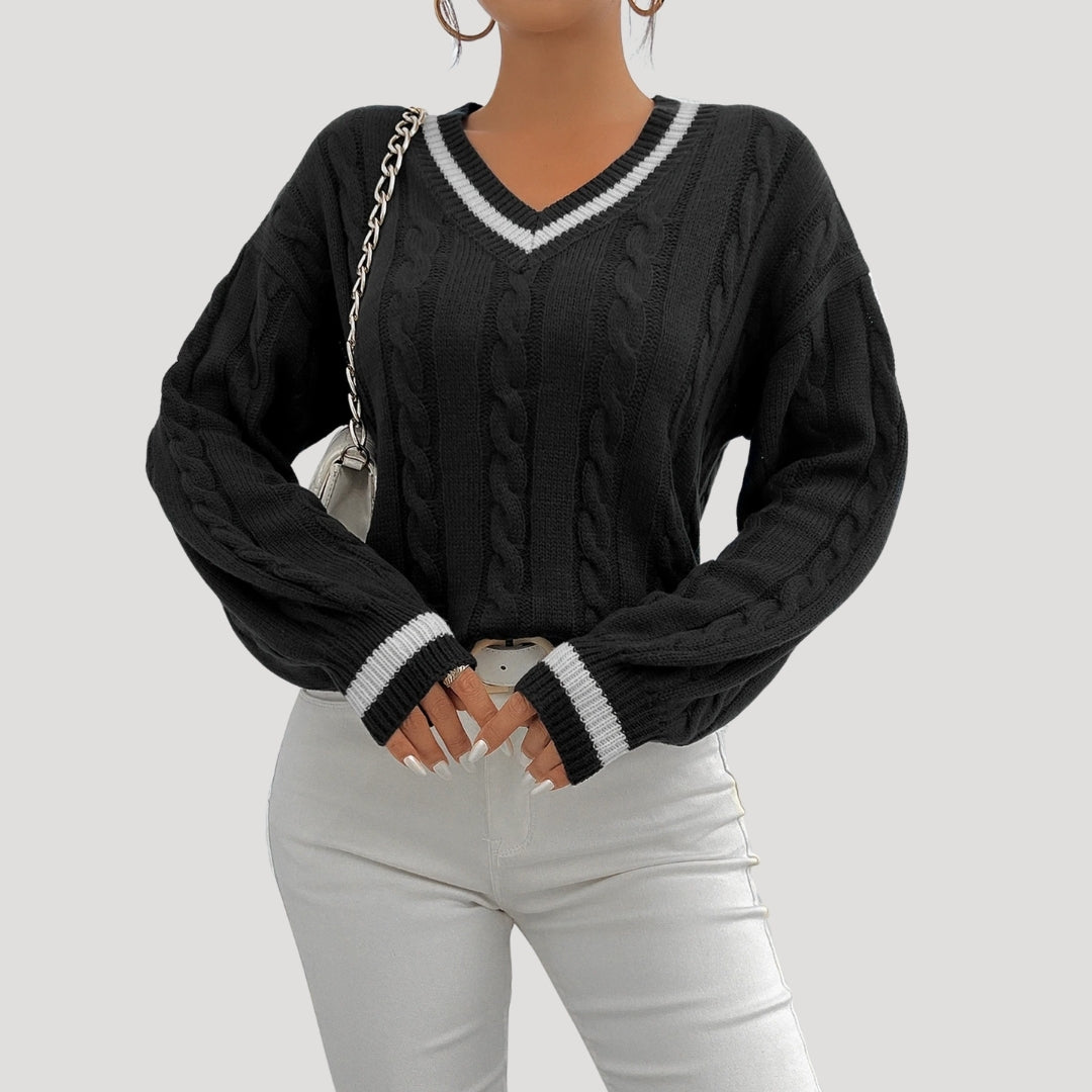 Dame V-hals Strikket Sweater med Kabelstrik 5