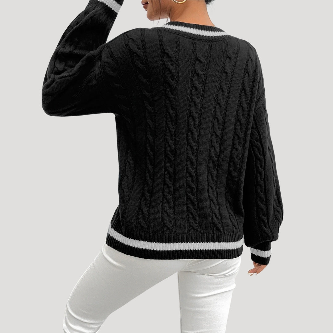 Dame V-hals Strikket Sweater med Kabelstrik 6