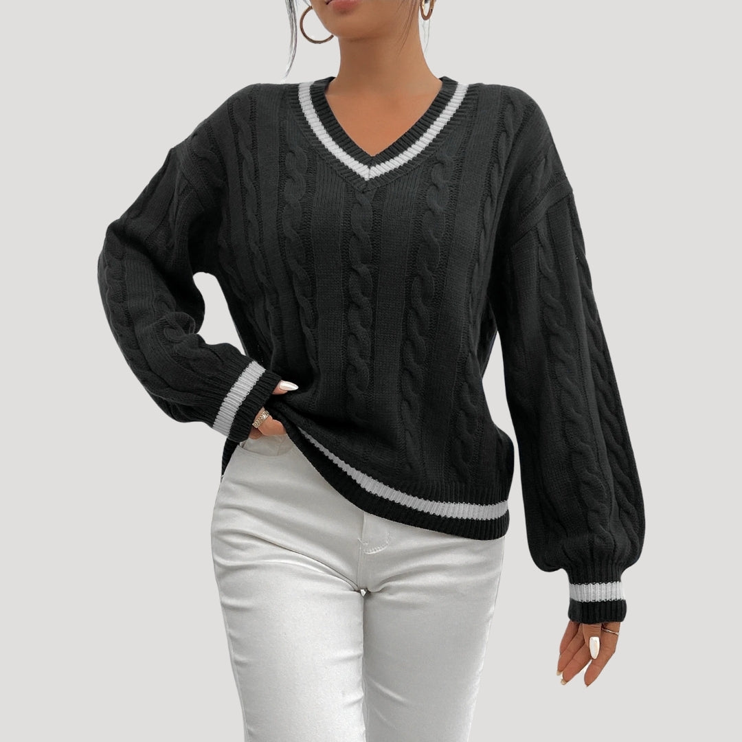 Dame V-hals Strikket Sweater med Kabelstrik 7