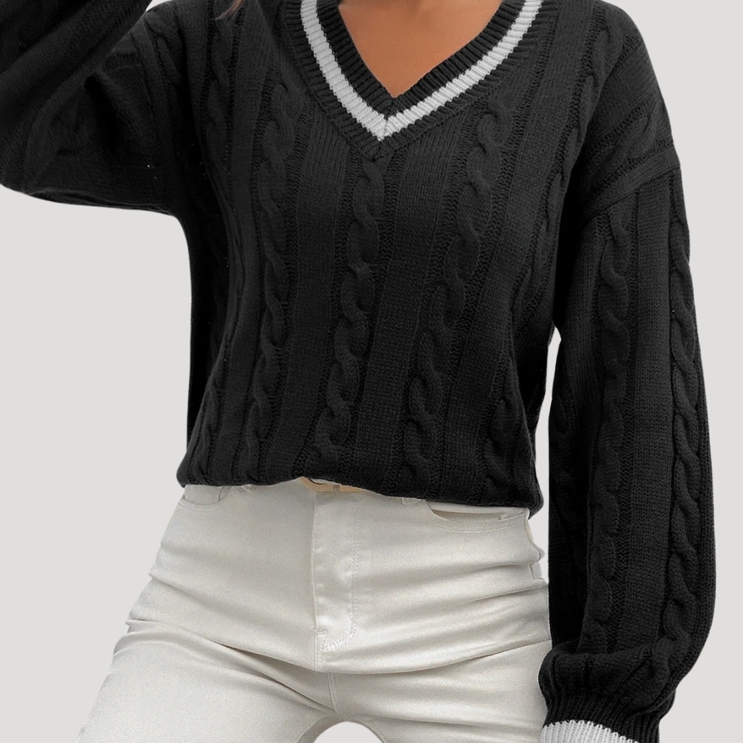 Dame V-hals Strikket Sweater med Kabelstrik 8