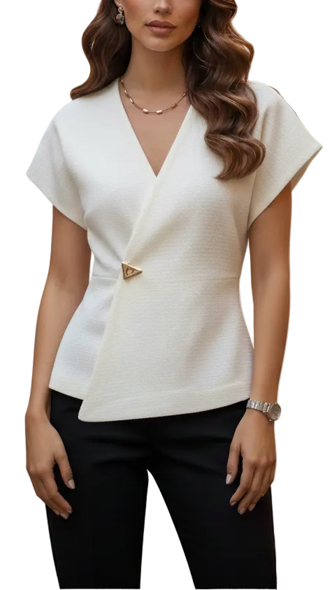 Damebluse med V-hals og omslag 0