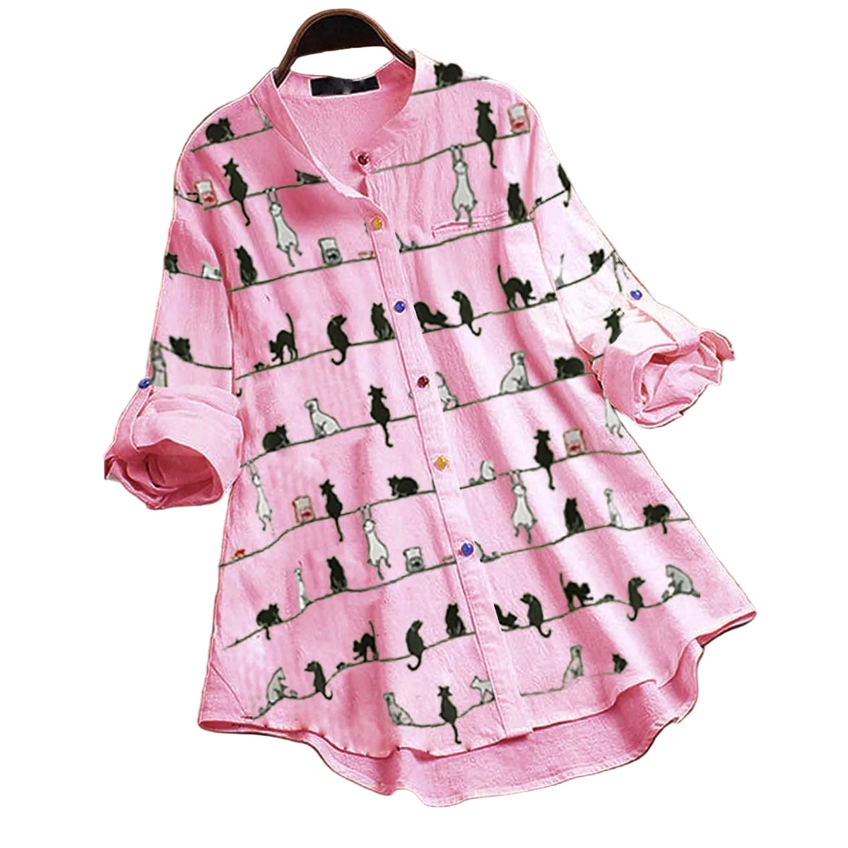 Damebluse med kattemotiv og knaplukning 0