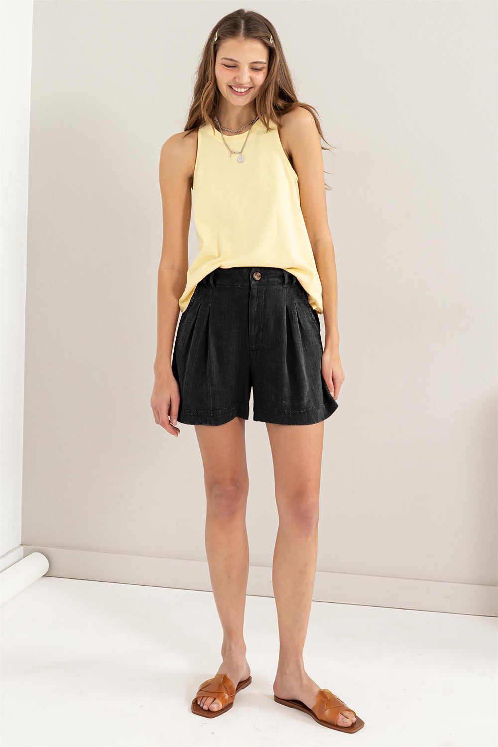 Damer Høj Talje Shorts Plisserede Linned 3